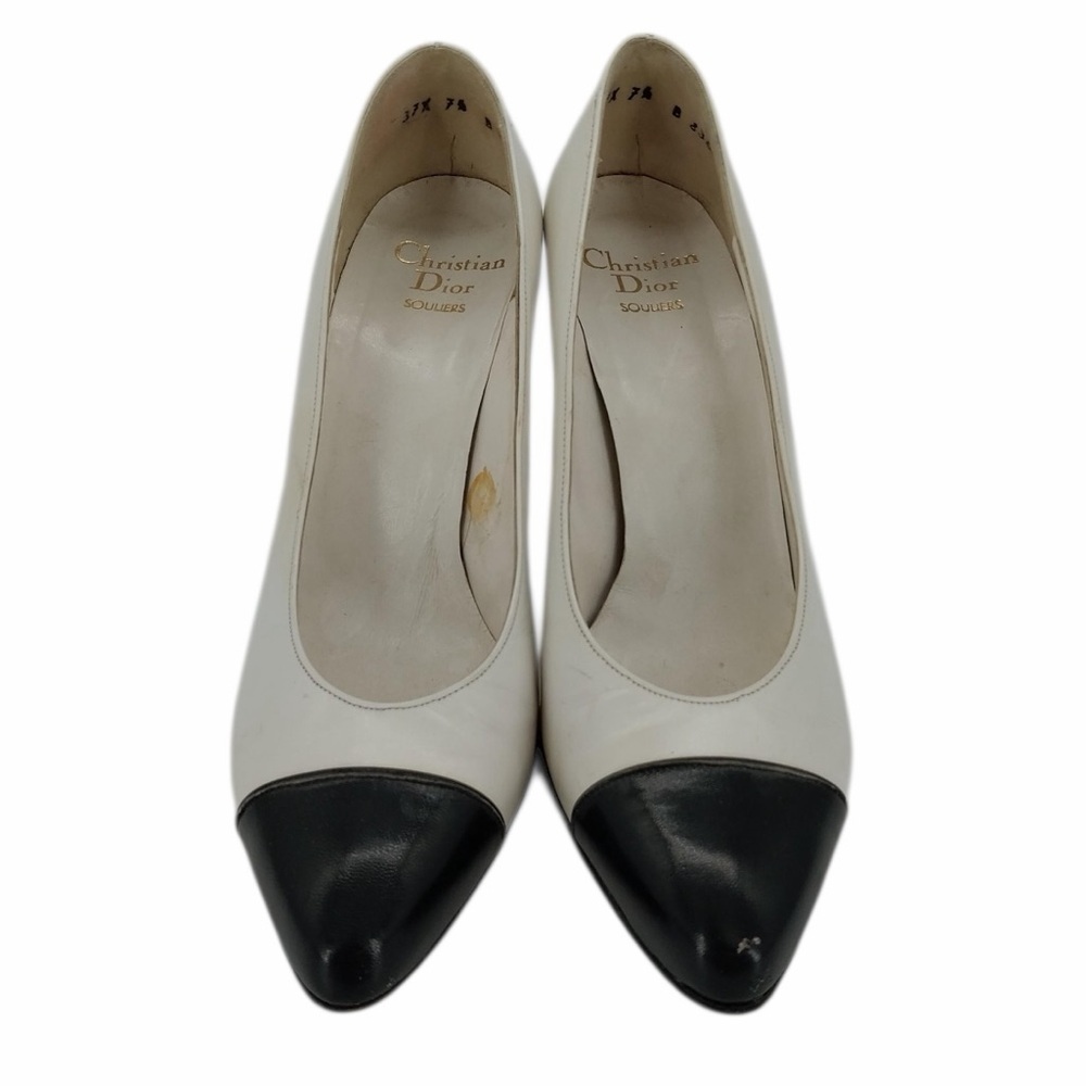 RARE Vintage Christian Dior Designer Cap Toe Pumps Ivory Black Leather Heels - Picture 3 of 16